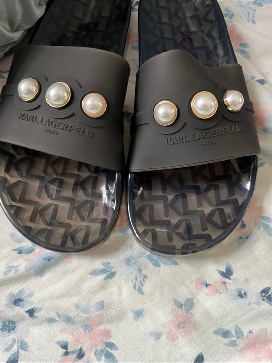 Karl Lagerfeld Shoes - Karl Lagerfeld Black Slide Sandals with Pearl Accents